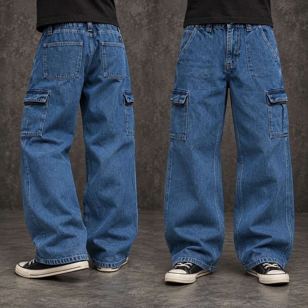 28x28 Blue Baggy Wide Leg Cargo Heavyweight Denim Jeans Y2K Vintage
